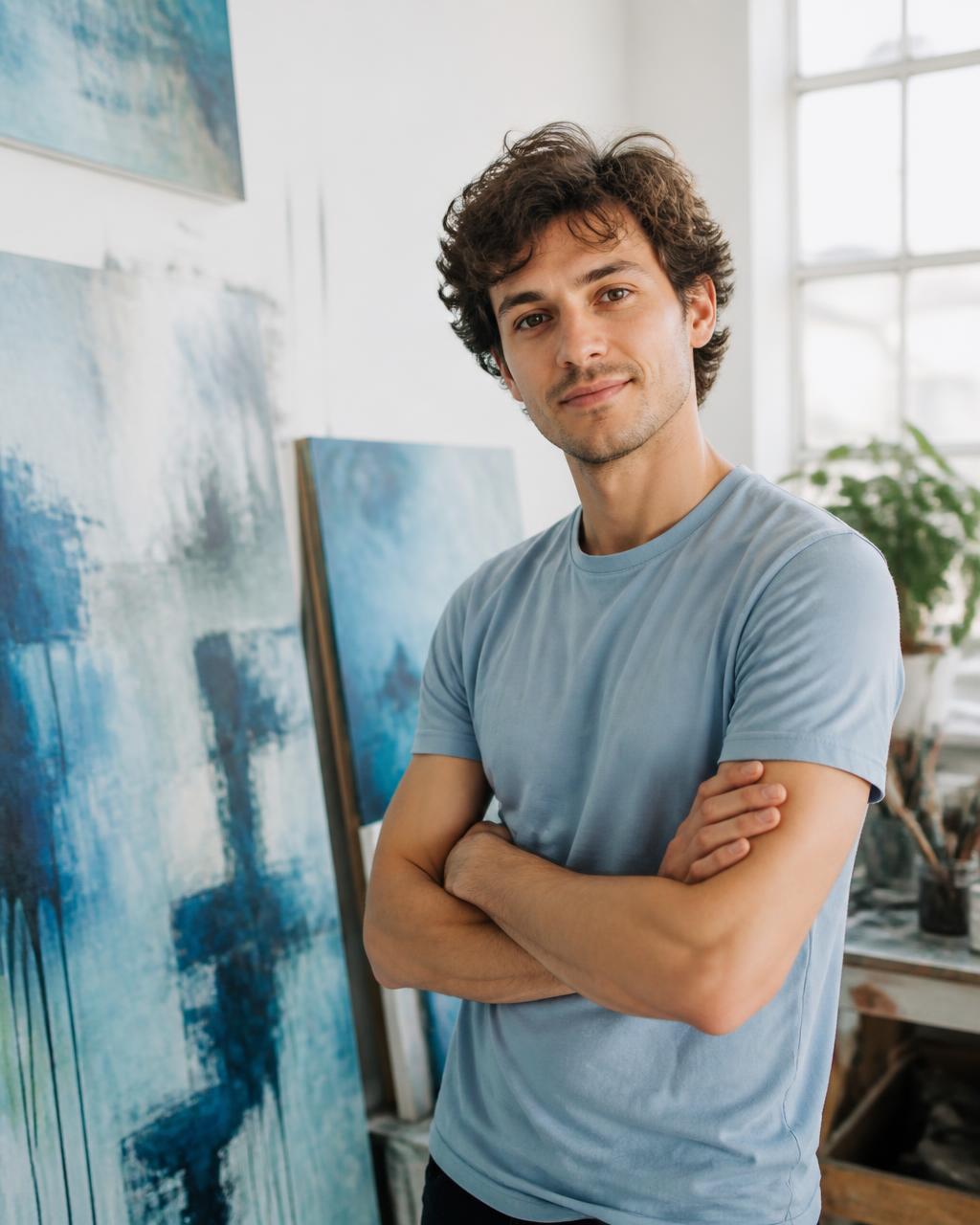 Kevin standing beside his paintings in the studio