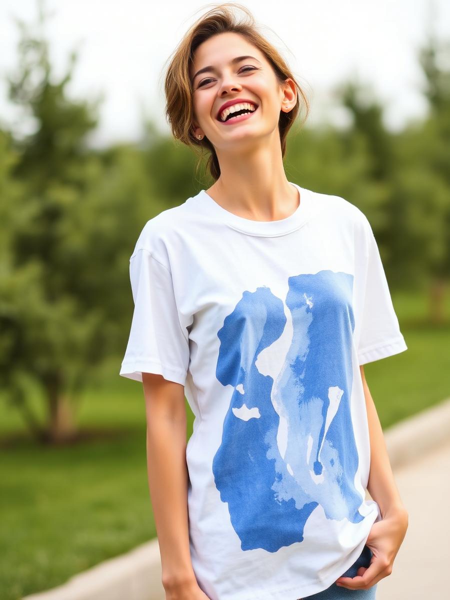 Woman wearing a Kevin's Art shirt outdoors