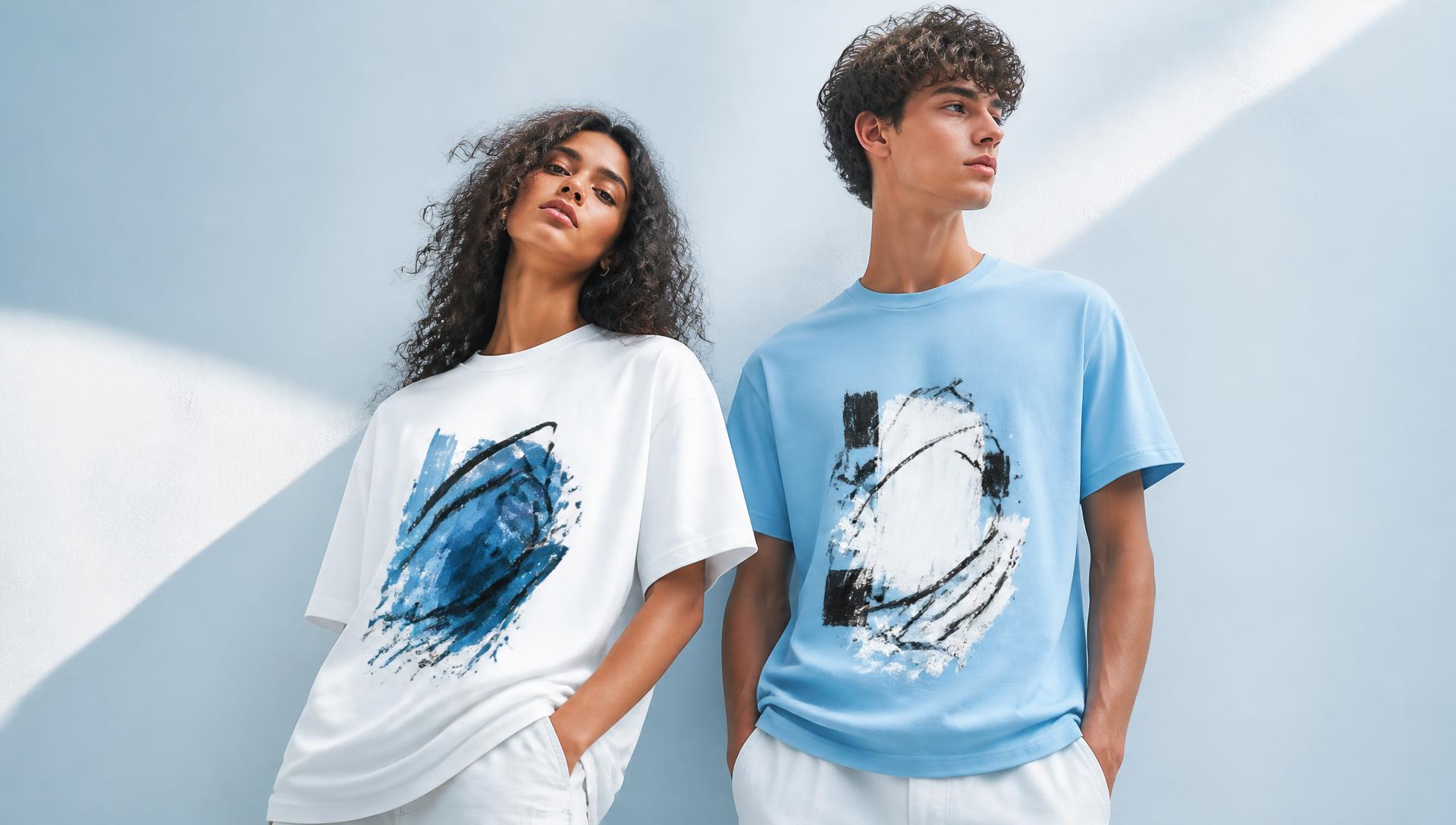 Two people wearing Kevin's Art shirts with original blue artwork prints