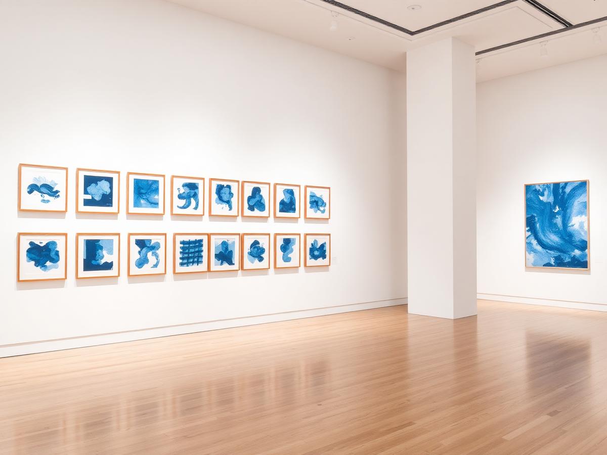 Framed blue artworks hung in a bright gallery