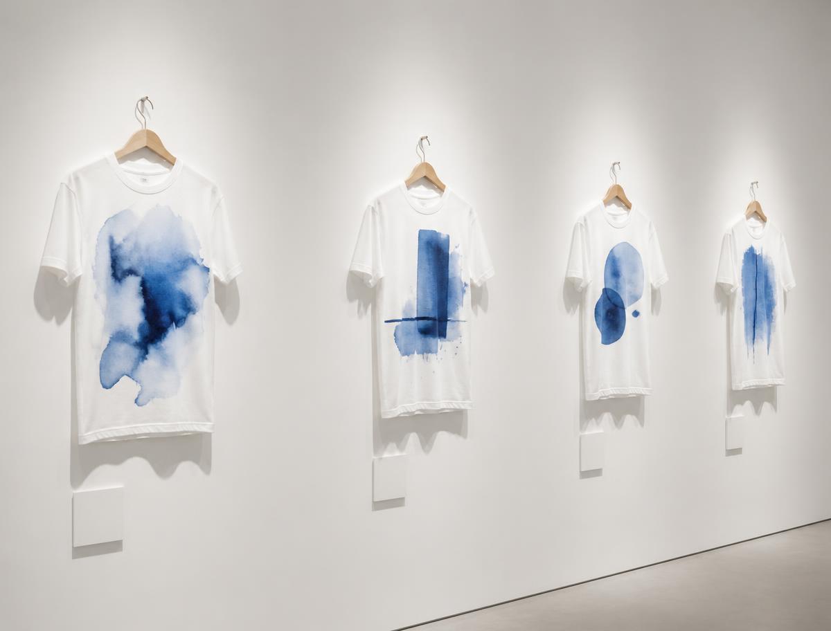 Printed art shirts displayed like museum pieces