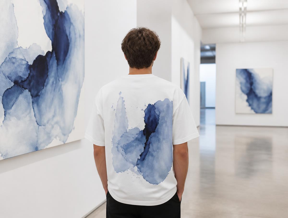 Visitor wearing an art shirt in a gallery hall