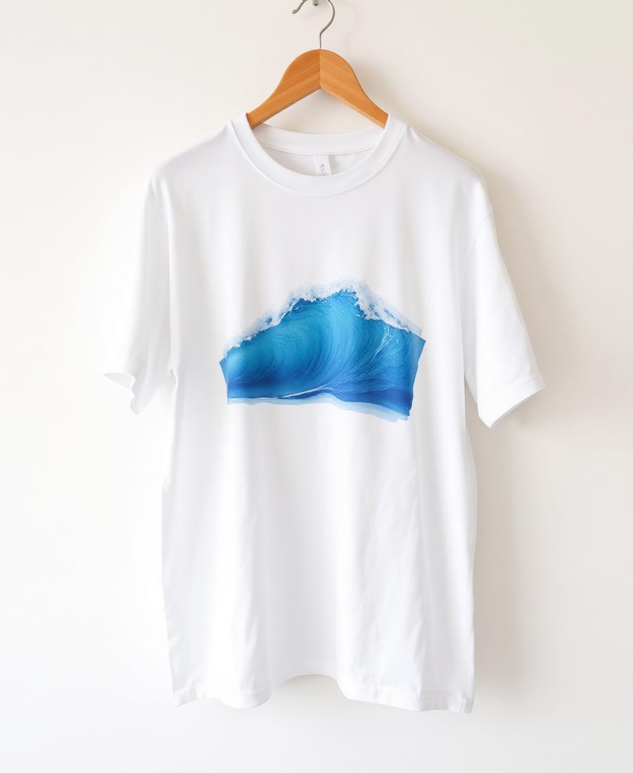 Blue Wave shirt hanging on a hanger